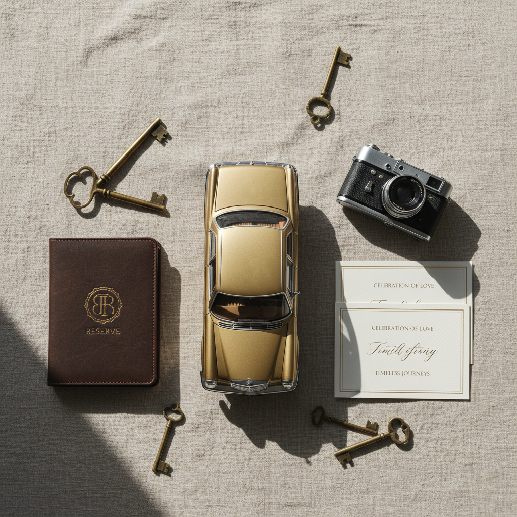 A carefully arranged flat lay of refined wedding and event details beside a scaled-down, highly realistic model of a gold 1971 Mercedes W115 oldtimer placed on a textured beige linen surface. Around the miniature car lie vintage-style brass keys, an embossed leather-bound reservation book stamped with an elegant logo, a classic analog camera, and ivory invitation cards with subtle gold foil accents. Soft window light from the side creates gentle shadows and delicate highlights, enhancing the tactile feel of paper and metal. Photographic realism with a top-down, meticulously balanced composition, muted and sophisticated color palette, evoking a sense of premium oldtimer rental service and timeless celebration, with no human presence.