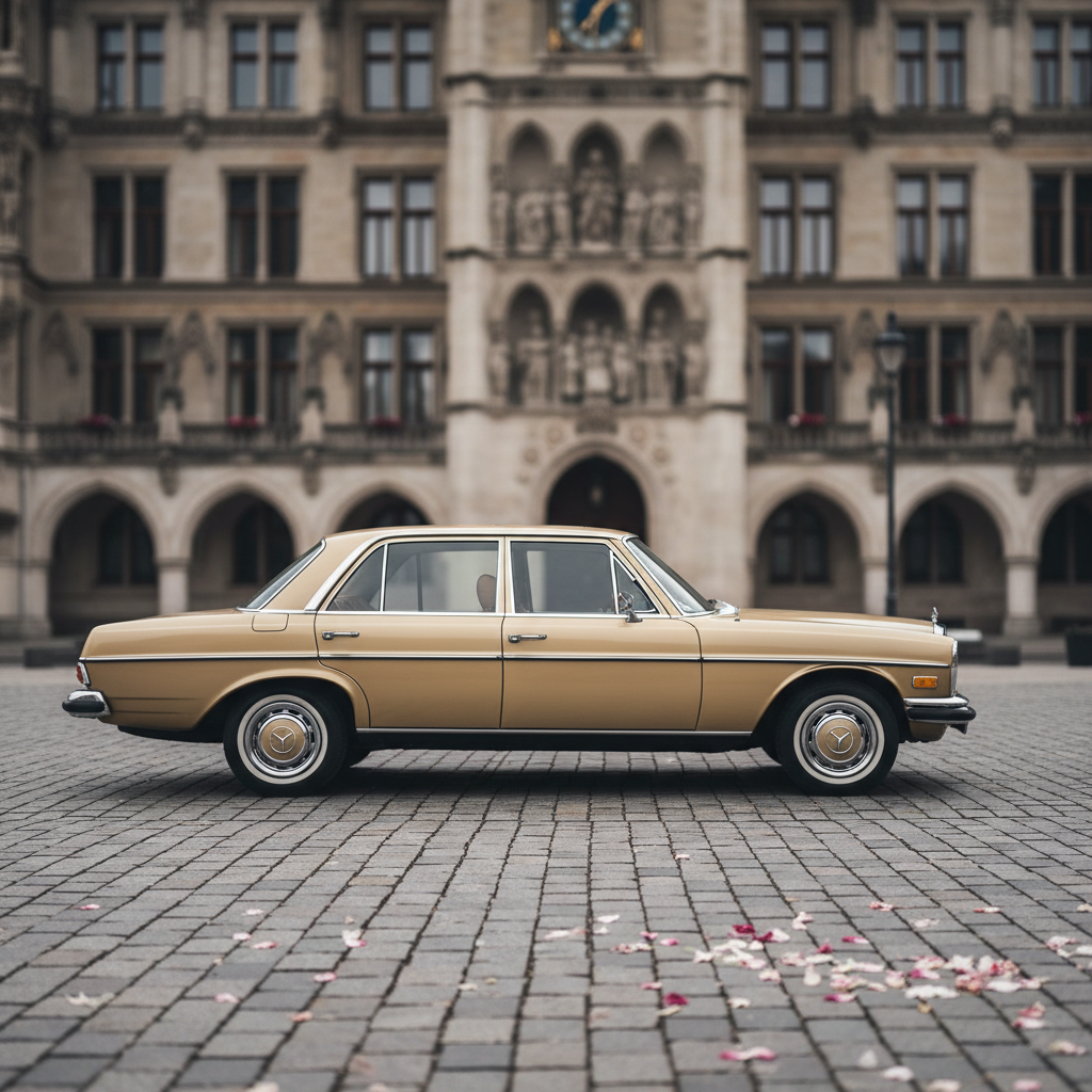 A gold 1971 Mercedes W115 oldtimer parked beside an elegant, historic city hall building, framed mainly on the car with the architecture tastefully blurred in the background. The car’s straight side profile shows off its clean lines, chrome wheel caps, and subtle whitewall tires. Overcast daylight provides diffused, shadow-free lighting that emphasizes the smooth paint surface and classic form without harsh contrasts. Fallen flower petals and neatly laid stone pavement add detail in the foreground. Photographic realism, rule-of-thirds composition, moderate depth of field, creating an atmosphere of quiet sophistication and ceremonial elegance, suitable for illustrating wedding or event rental without any people present.