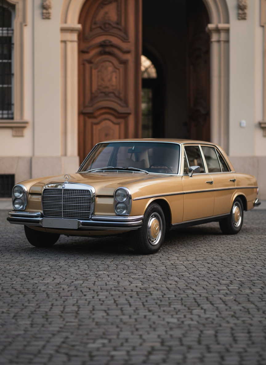 A meticulously restored 1971 Mercedes W115 in elegant metallic gold, paintwork gleaming with a deep, mirror-like gloss, parked alone in front of a classic European villa entrance. The car is positioned three-quarters toward the camera, highlighting its chrome grille, rectangular headlights, and distinctive boxy silhouette. Early evening golden hour light bathes the scene, creating soft highlights along the chrome trim and gentle shadows under the car. The cobblestone driveway and ornate wooden doors form a subtly blurred background. Photographic realism, eye-level composition with shallow depth of field, sophisticated and timeless mood that suggests luxury oldtimer rental without showing any people, perfect as a homepage hero image.