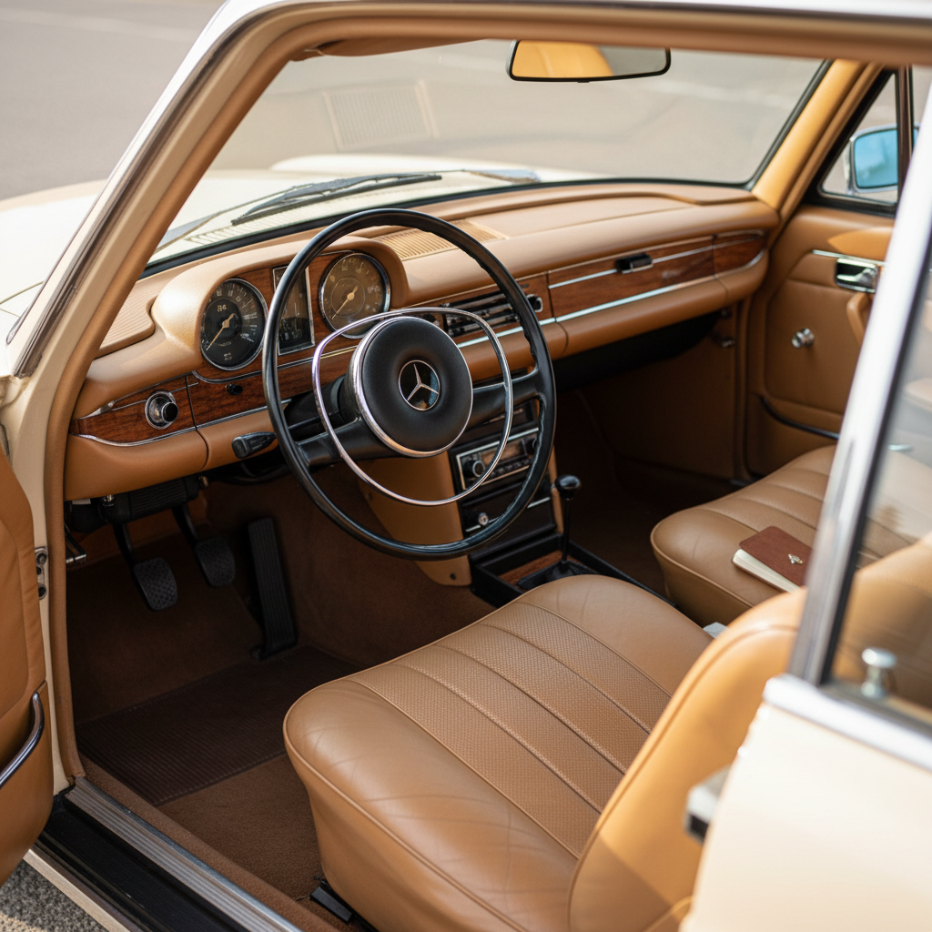 The interior of a perfectly maintained 1971 Mercedes W115 in warm tan leather, shot from the open driver’s door, focusing on the classic thin-rim steering wheel with chrome accents and the minimalist, wood-trimmed dashboard. The original instrument cluster and period-correct radio are in crisp focus, while the rear bench and window line recede softly into blur. Soft afternoon daylight streams in through open windows, creating gentle reflections on the polished wood and chrome. The mood is refined and nostalgic, evoking the quiet luxury of a bygone era. Photographic realism, slightly elevated angle, with a clean, sophisticated aesthetic ideal for presenting the car’s interior comfort for special occasions.