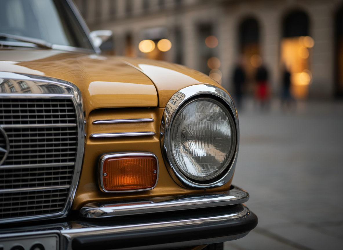 A close-up, detail-focused shot of the front left quarter of a 1971 Mercedes W115 in gold, concentrating on the chrome headlight surround, turn signal, grille texture, and the subtle curvature of the fender. Tiny reflections of an elegant city street can be seen in the chrome, hinting at an urban setting. Soft, diffused evening light creates silky gradients across the metallic paint, highlighting its depth without glare. The background is abstract and heavily blurred, in complementary warm grays and golds. Photographic realism, macro-like composition with ultra-shallow depth of field, mood sophisticated and almost jewel-like, emphasizing craftsmanship and heritage for a premium oldtimer rental brand.