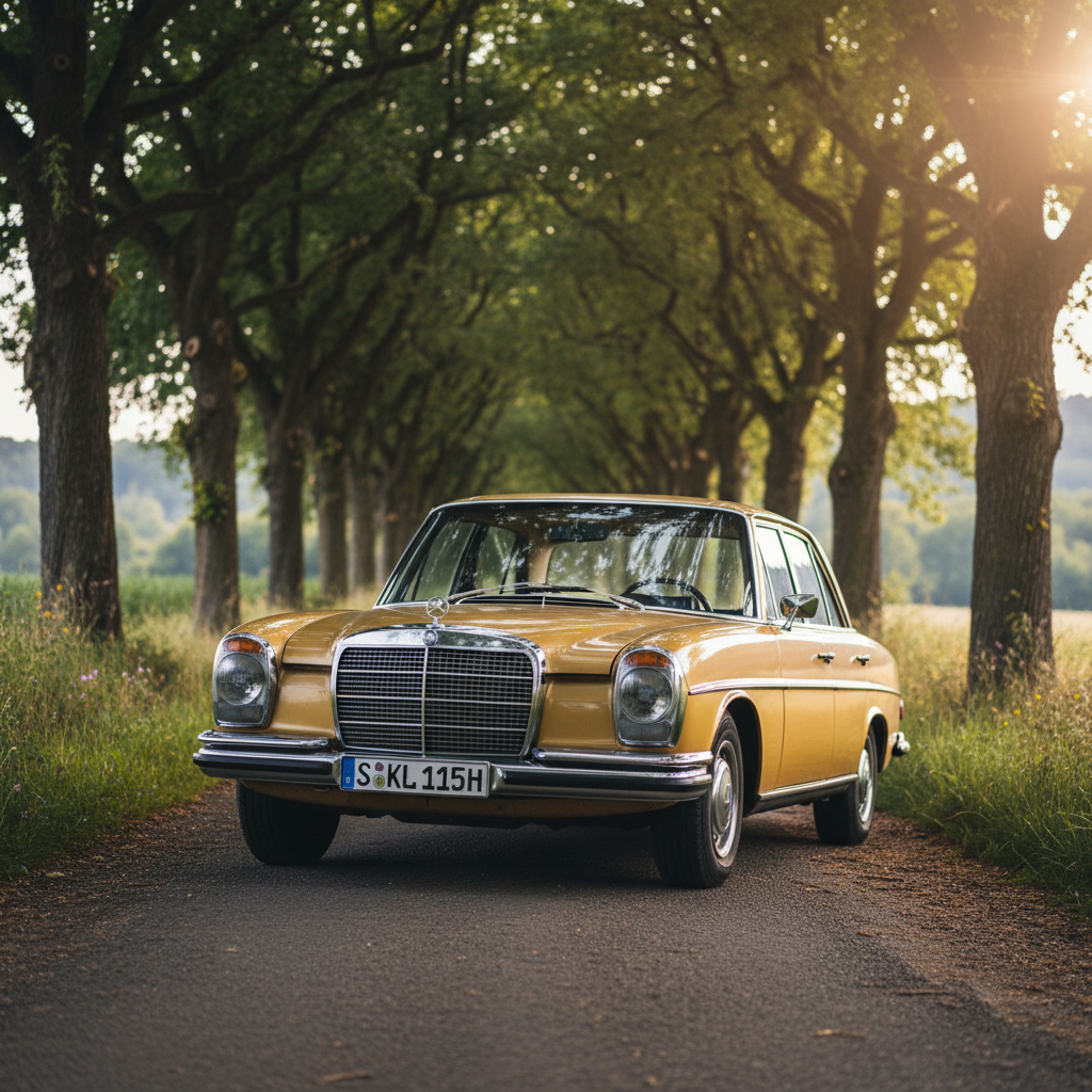 The gold Mercedes W115 positioned on a narrow countryside road lined with tall, mature trees, their leaves forming a natural tunnel in the distance. The car is parked diagonally, front facing toward the viewer, showcasing the iconic grille, period-correct license plate, and subtle patina of a well-kept classic. Late afternoon sun filters through the trees, creating dappled light patterns on the car’s hood and windshield, with soft lens flare at the edge of the frame. The mood is romantic and nostalgic, suggesting a scenic drive for a photo session or special trip. Photographic realism, low-angle perspective with pronounced depth, crisp focus on the car and gentle background blur for a cinematic, sophisticated feel.