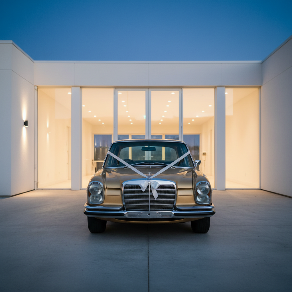 The gold 1971 Mercedes W115 elegantly framed in front of a minimalist, modern wedding venue facade with large glass panels and clean white walls. The car stands centered on a perfectly clean driveway, adorned only with a simple white silk ribbon tied delicately across the grille, captured in crisp detail. Soft twilight blue hour lighting mixes with warm ambient lights from the building interior, reflecting subtly on the car’s polished surfaces. The mood is chic and sophisticated, blending retro charm with contemporary style. Photographic realism, straight-on angle, moderate depth of field, and balanced composition, ideal for communicating the car’s versatility for upscale weddings and formal events without any people in the scene.